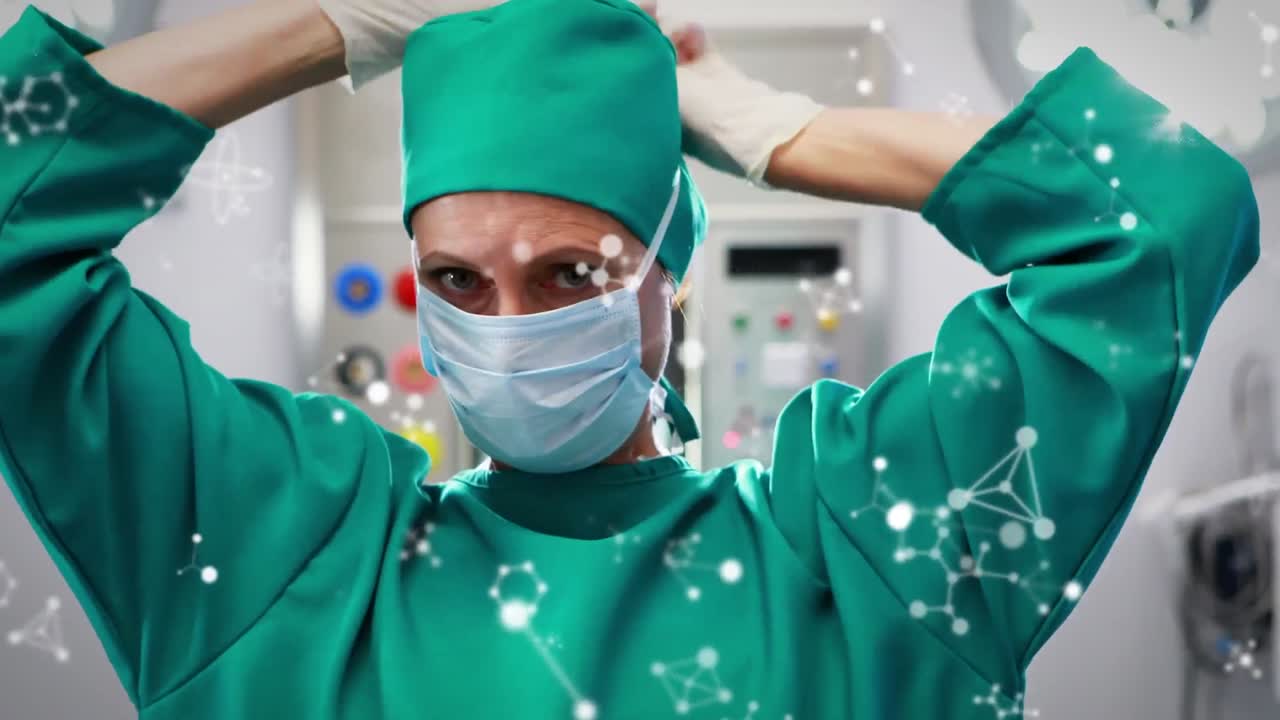 백인 여성 의사가 얼굴 마스크를 착용하는 분자의 애니메이션