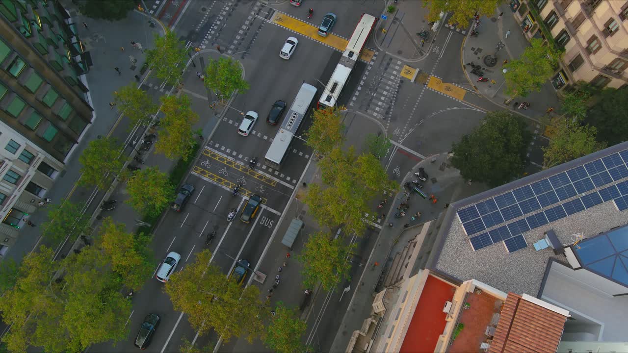 바르셀로나의 나무로 둘러싸인 거리에서 어두워지는 교통, 빛과 그림자가 놀고, 공중 사진