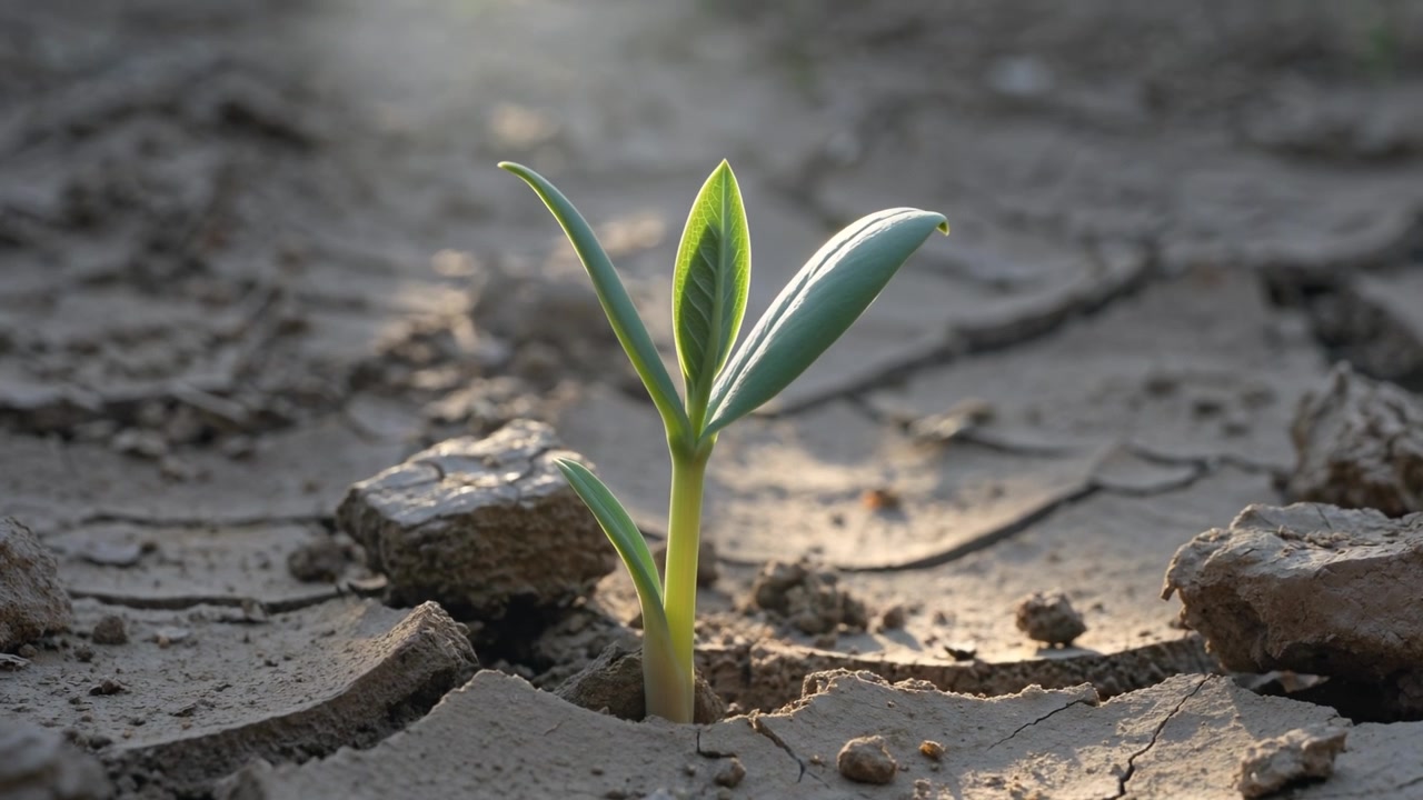 Piccolo germoglio di pianta verde che emerge da terreno secco e screpolato sotto una calda luce solare dorata.