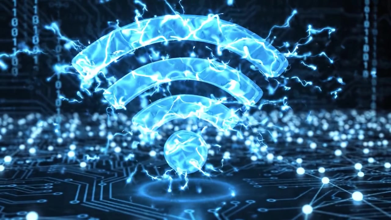 A Futuristic Display of Digital Technology Showcasing a Wireless Signal Icon Overlaid on a Circuit Board Background Filled with Binary Code Patterns