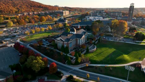 Aerial-of-Liberty-University,-Lynchburg-Virginia-during-autumn-fall-foliage