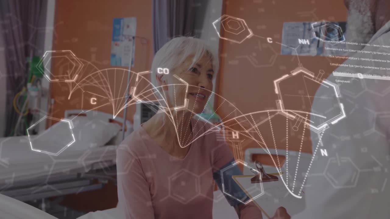 Animazione di una doppia elica di DNA e dati medici su una paziente anziana donna e un medico uomo di diverse etnie, entrambi felici.