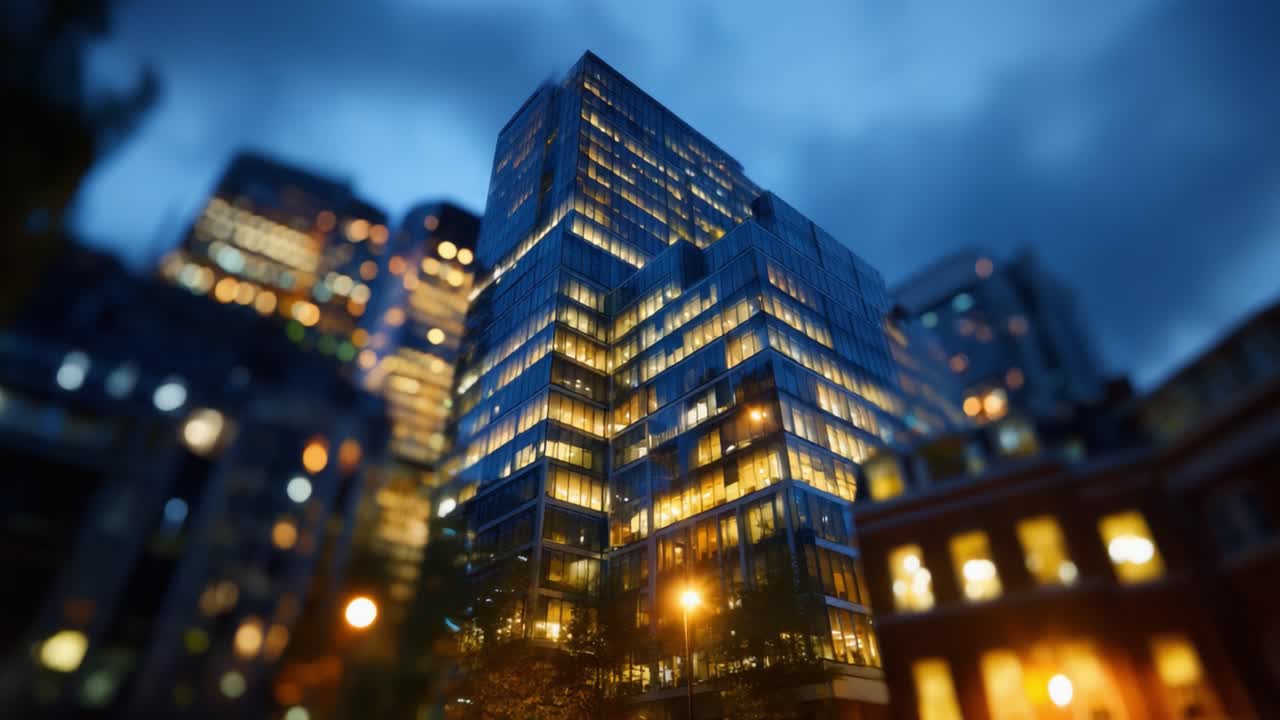 Paisagem urbana noturna com um arranha-céu moderno iluminado pelas luzes da cidade e cercado por arquitetura com plano de fundo desfocado e um céu escurecendo