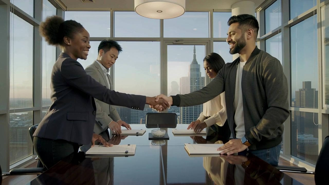 Stepping forward, colleagues in blazer and jacket shaking hands in highrise room