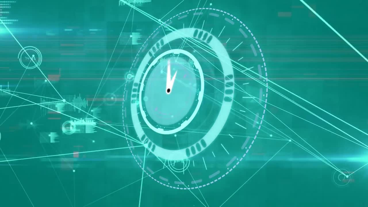 선, 원의 숫자, 그래프, 반이는 빛, 디지털 시계에 대한 데이터로 연결된 점들의 애니메이션