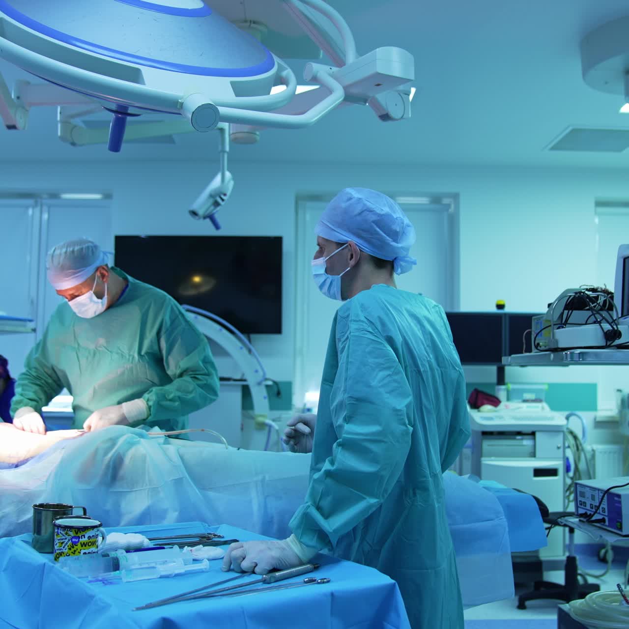 Teamwork blandt kirurger med medicinsk udstyr i baggrunden. Plastikkirurg sammen med mandlig assistent, der udfører fedtsugning på en patient. Panoramaudsigt