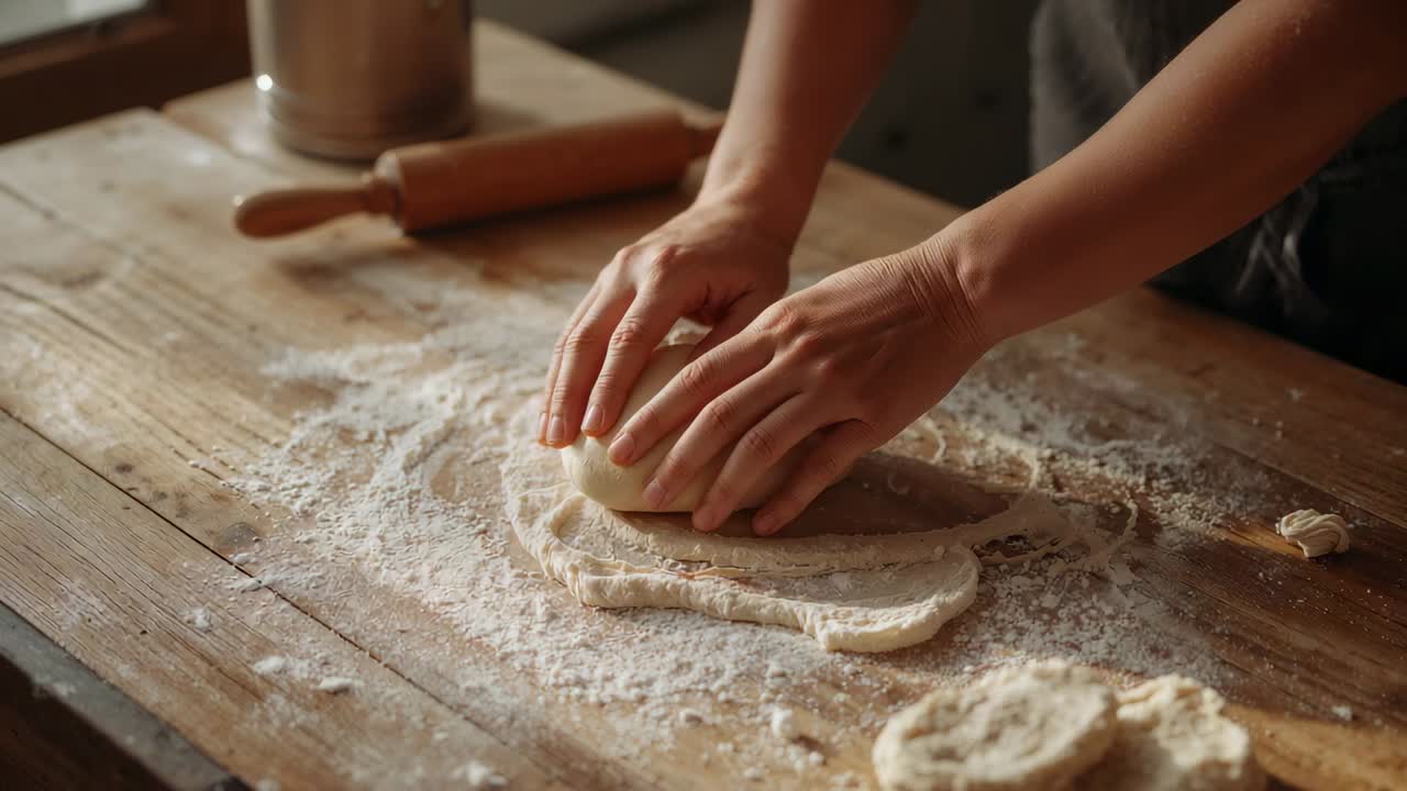 Placing round cutter, aproned hands pressing on floured counter in kitchen cutting dough for baking