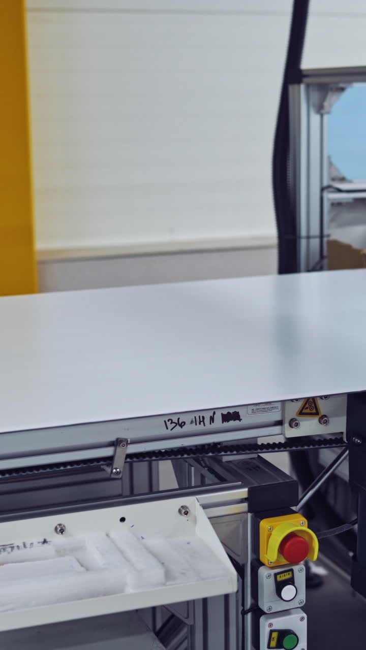 Robotic equipment inside the factory. Process of making new details in the modern industrial plant. Close-up. Vertical video