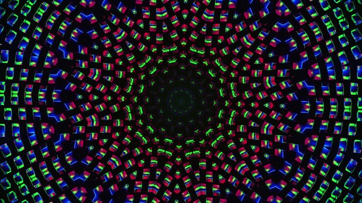 Blue and black background with circular design in the center. Kaleidoscope VJ loop
