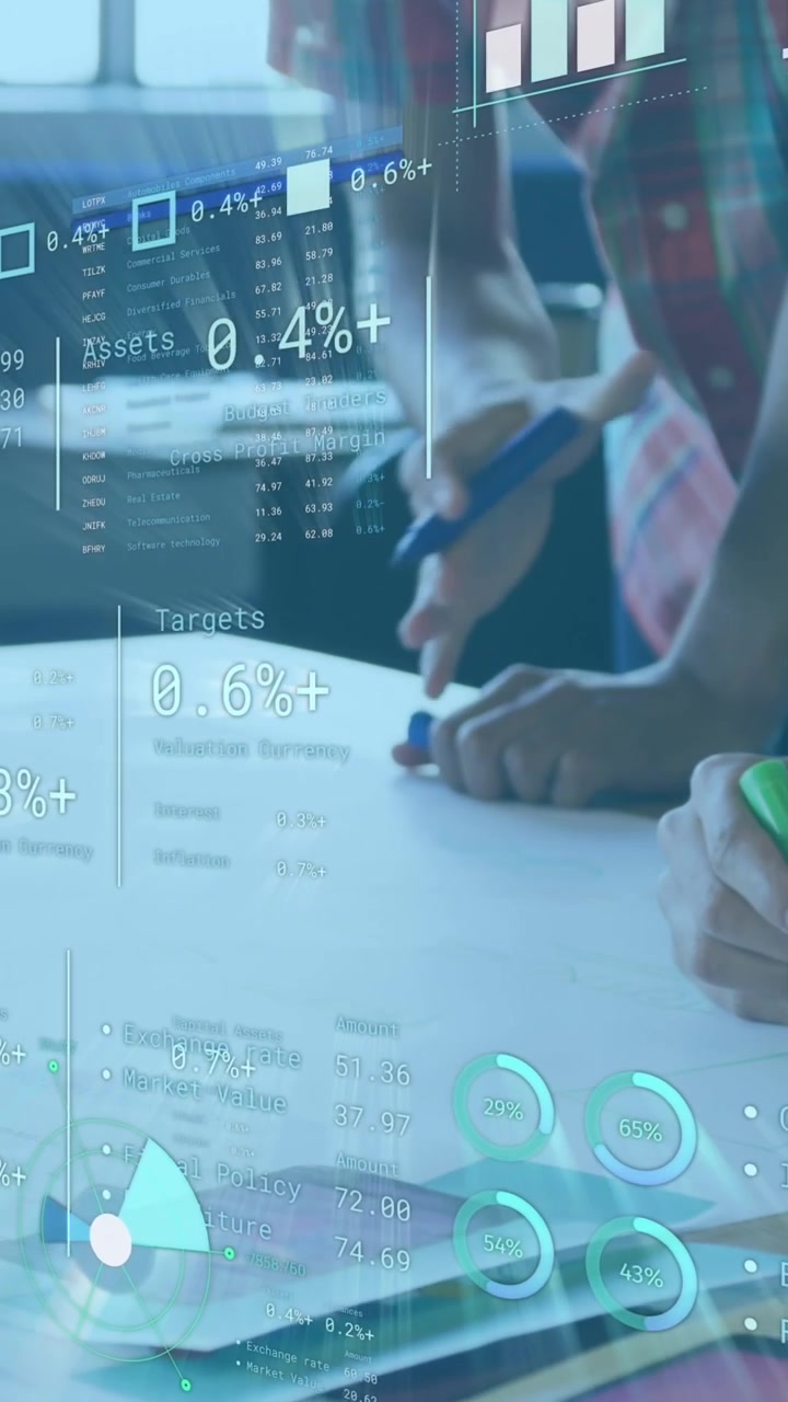 Animation of digital business data moving over diverse colleagues analyzing report on desk in office