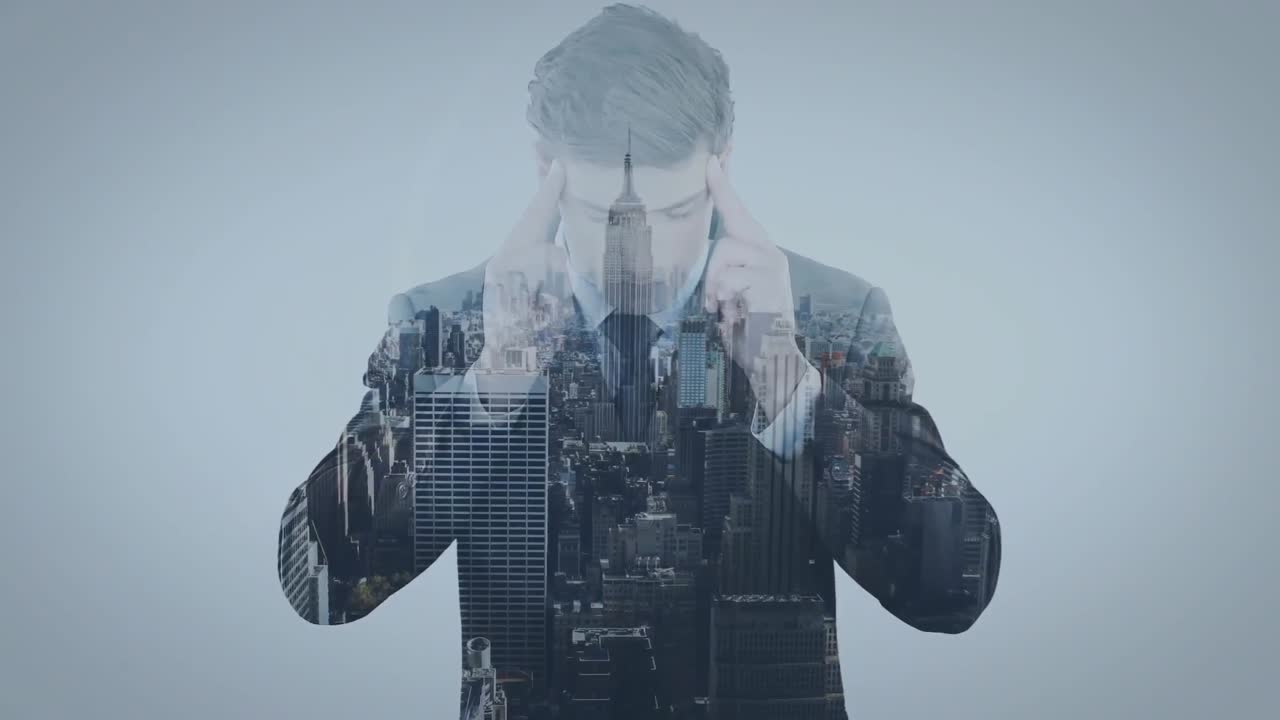 도시 풍경과 사업가 위에 보라색 패턴의 애니메이션