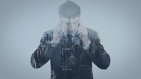 animation of purple pattern over cityscape and businessman
