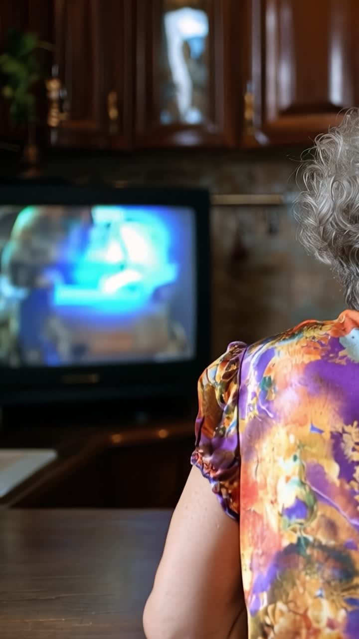 Donna anziana guarda la televisione da dietro. I suoi capelli grigi ricci incorniciano il suo collo. Un motivo vivace e vorticoso adorna la sua blusa. Toni caldi della cucina la circondano. Un momento delicato e tranquillo catturato.