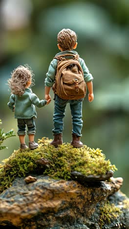 children exploring nature on a mossy rock in a forest