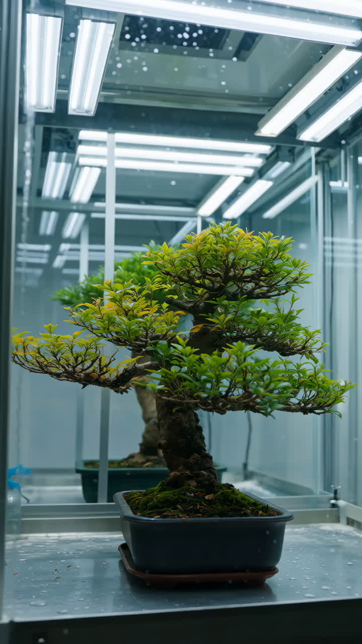 Bonsai in una teca di vetro controllata