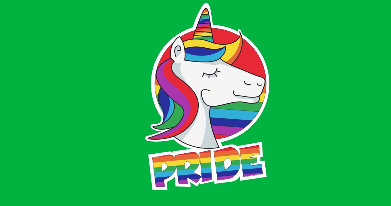 Animazione digitale di un'icona di unicorno con testo 'Pride' su sfondo nero.