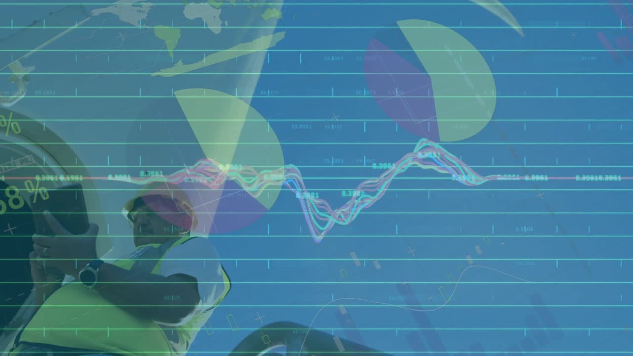animación de estadísticas y procesamiento de datos sobre la turbina eólica e ingeniero en fondo azul