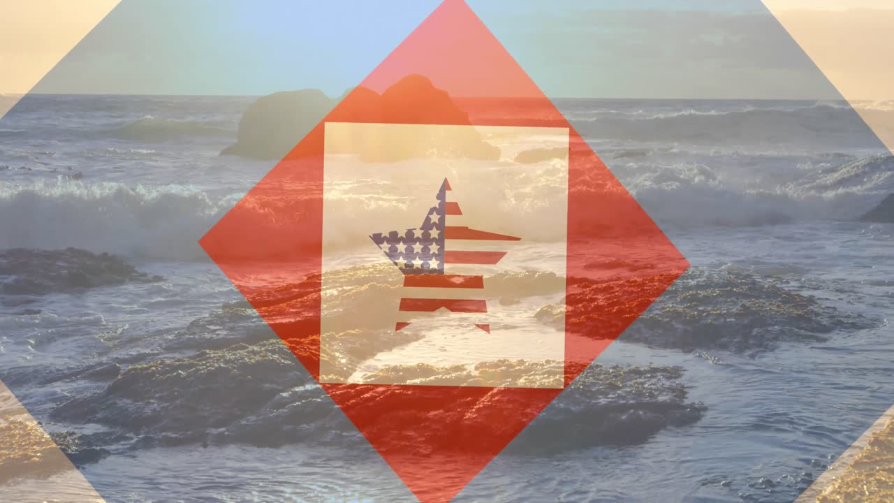 바다와 파란 하늘 위에 빨간색,  ⁇ 색, 파란색 사각형과 미국 국기 별의 애니메이션