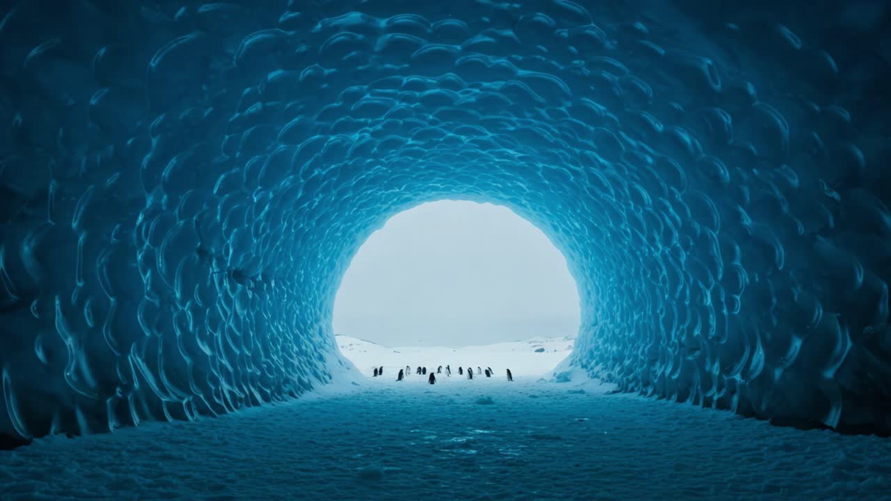 Majestic Ice Tunnel Showcasing Penguins in a Frozen Landscape Under a Clear, Icy Dome in Antarctica