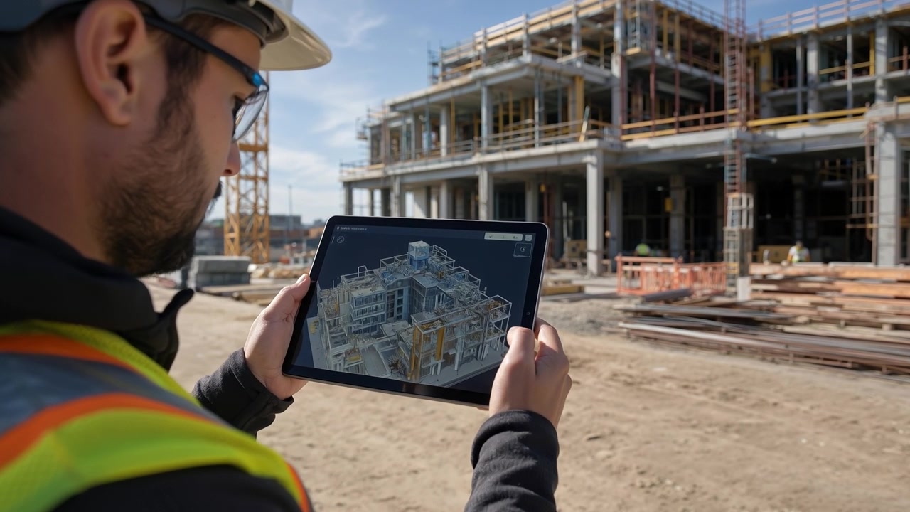 Insinyur pria mengenakan topi dan rompi keselamatan memeriksa model arsitektur 3D di tablet digital di lokasi konstruksi.