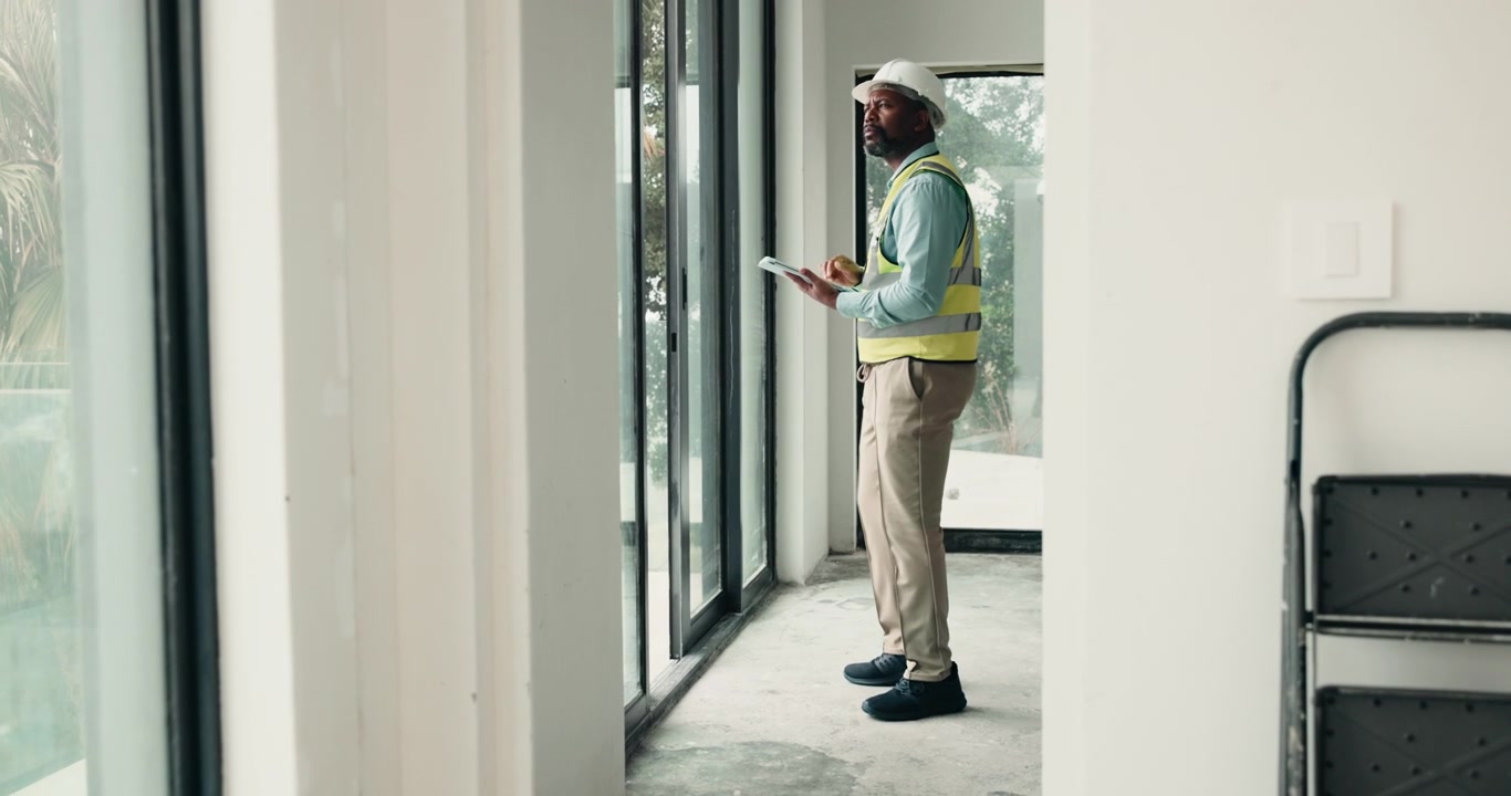 Direttore dei lavori ispeziona l'avanzamento del cantiere con un tablet