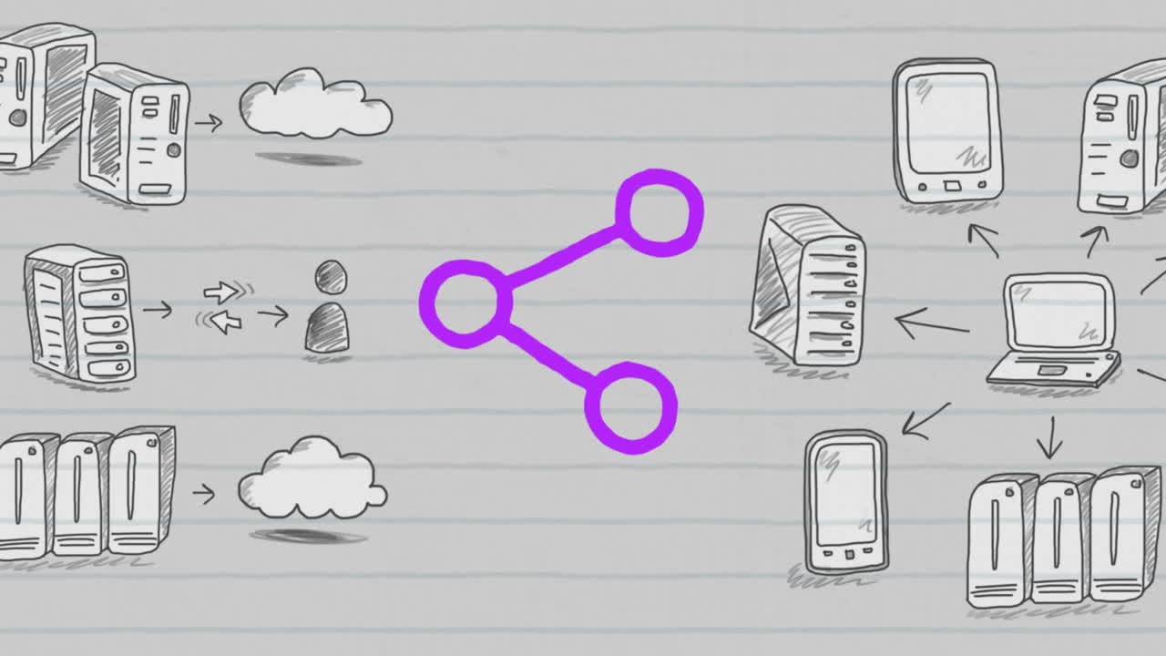 Animation of purple outlined share icon hand drawn with a marker on lined paper