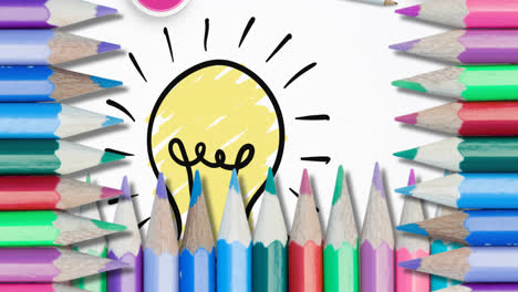 animation of coloured pencils over light bulb on white background