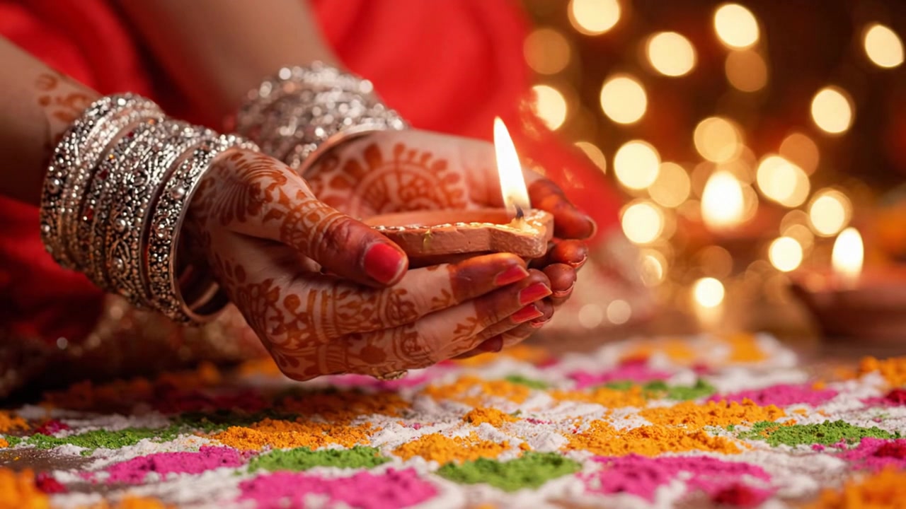 Donna indiana che tiene una lampada diya durante la celebrazione del Diwali.