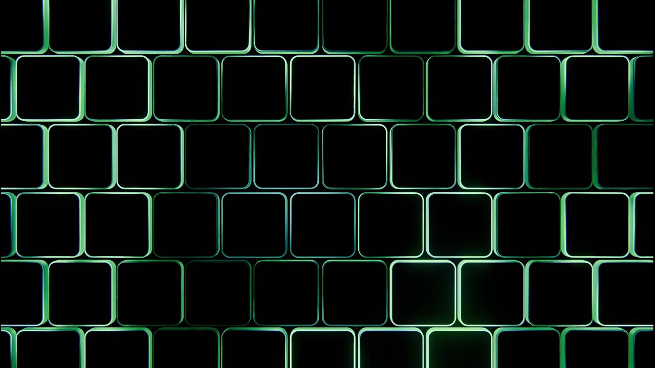Frontal view of staggered rounded square tiles with deep black centers, glossy beveled edges, and cool cyan, teal, and lime illumination slowly changing across dark geometric pattern