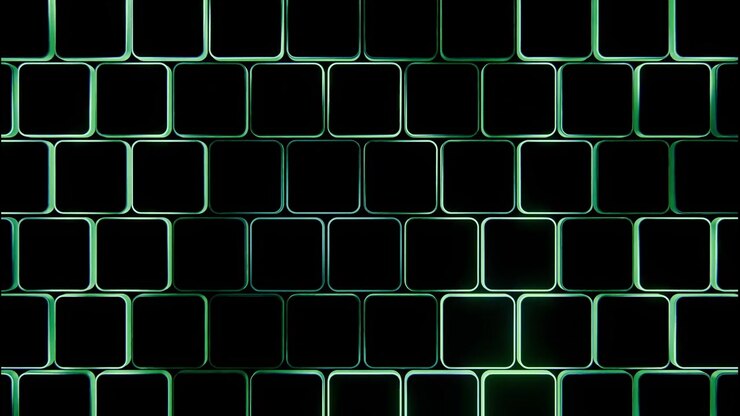 Frontal view of staggered rounded square tiles with deep black centers, glossy beveled edges, and cool cyan, teal, and lime illumination slowly changing across dark geometric pattern