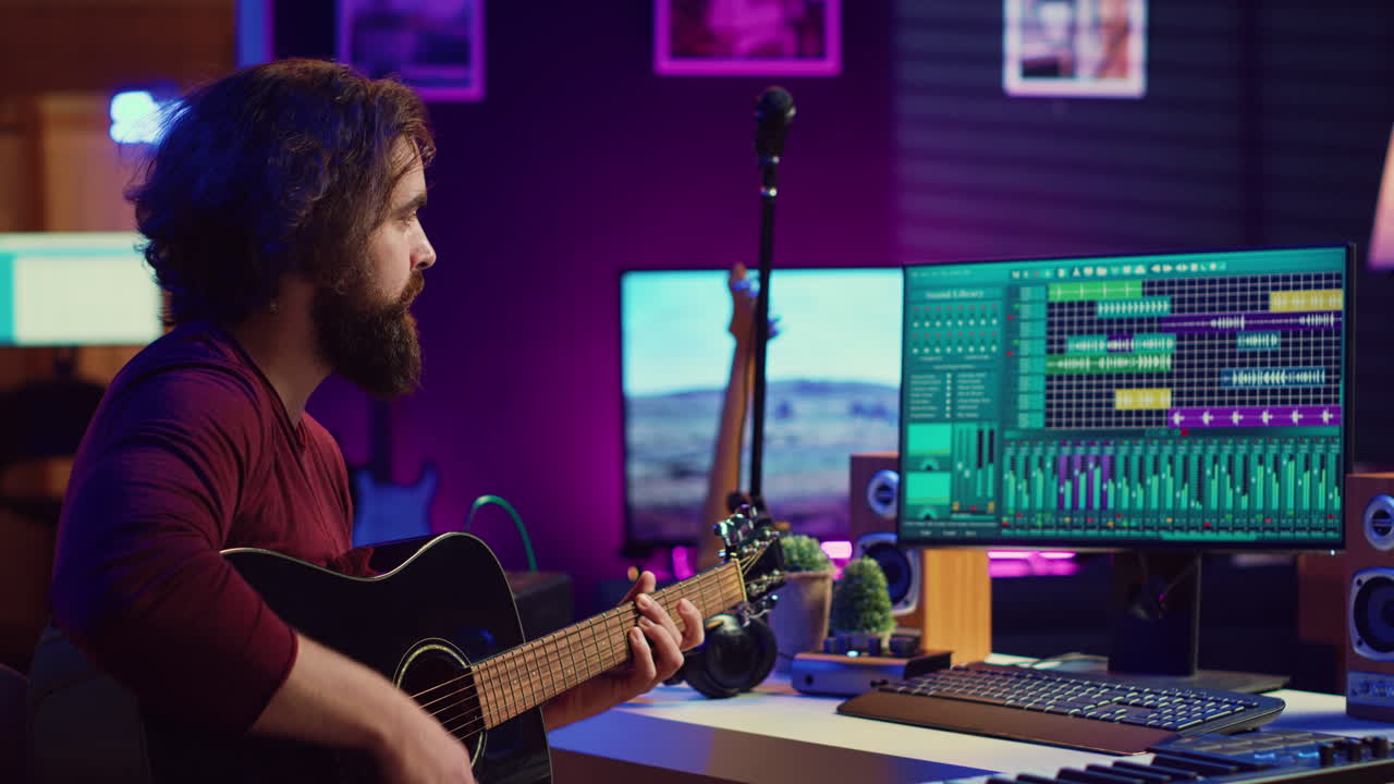 Music producer operating with electronic setup of home studio