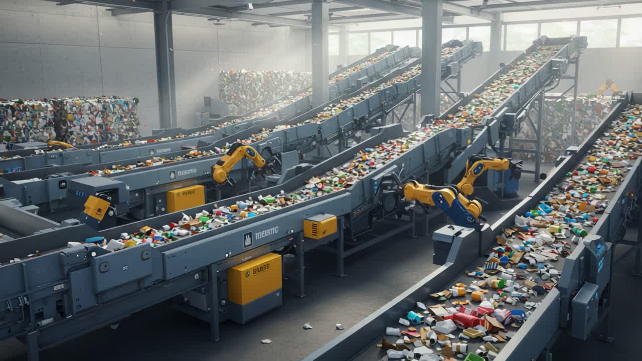 Advanced Automation in Waste Management: Robotic Sorting Systems Efficiently Processing Recyclable Materials on Conveyor Belts in a High-Tech Facility