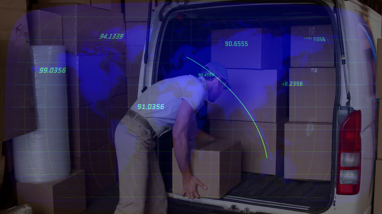 Delivery worker loading boxes into van with digital data overlay animation