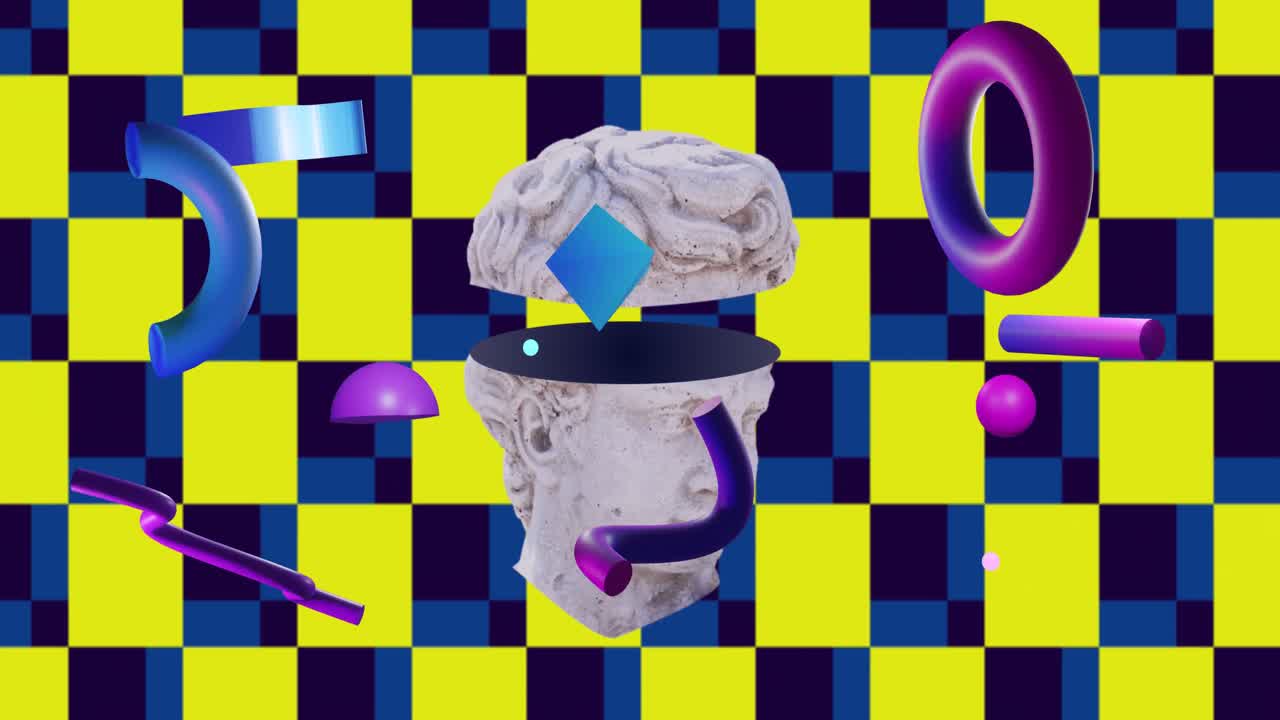 노란색 체크 된 배경에 모양 위에 고대 머리 조각의 애니메이션