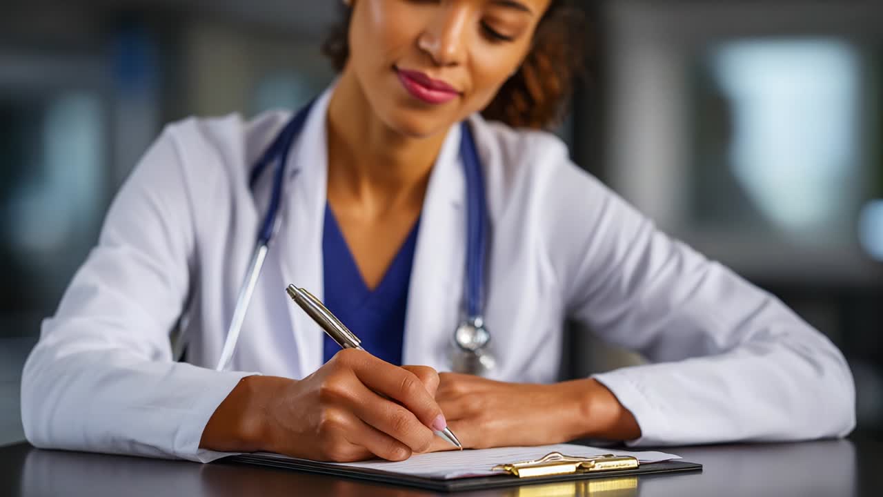 A dedicated healthcare professional focuses intently on writing notes, showcasing the importance of documentation and patient care in the medical field, while embodying professionalism and commitment