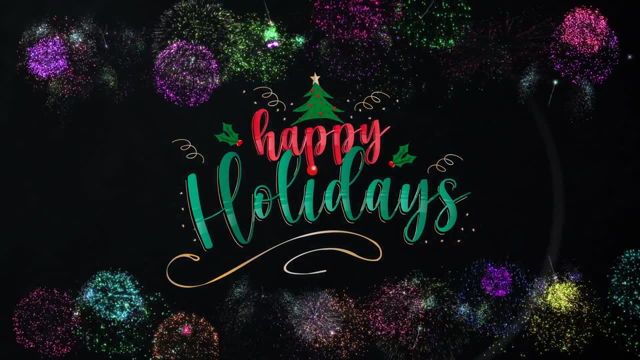 Animation of happy holiday text over colorful fireworks