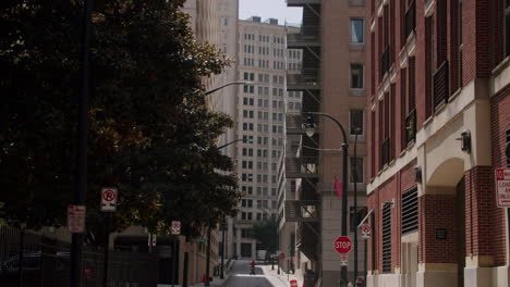 urban alleyway scene with buildings and trees