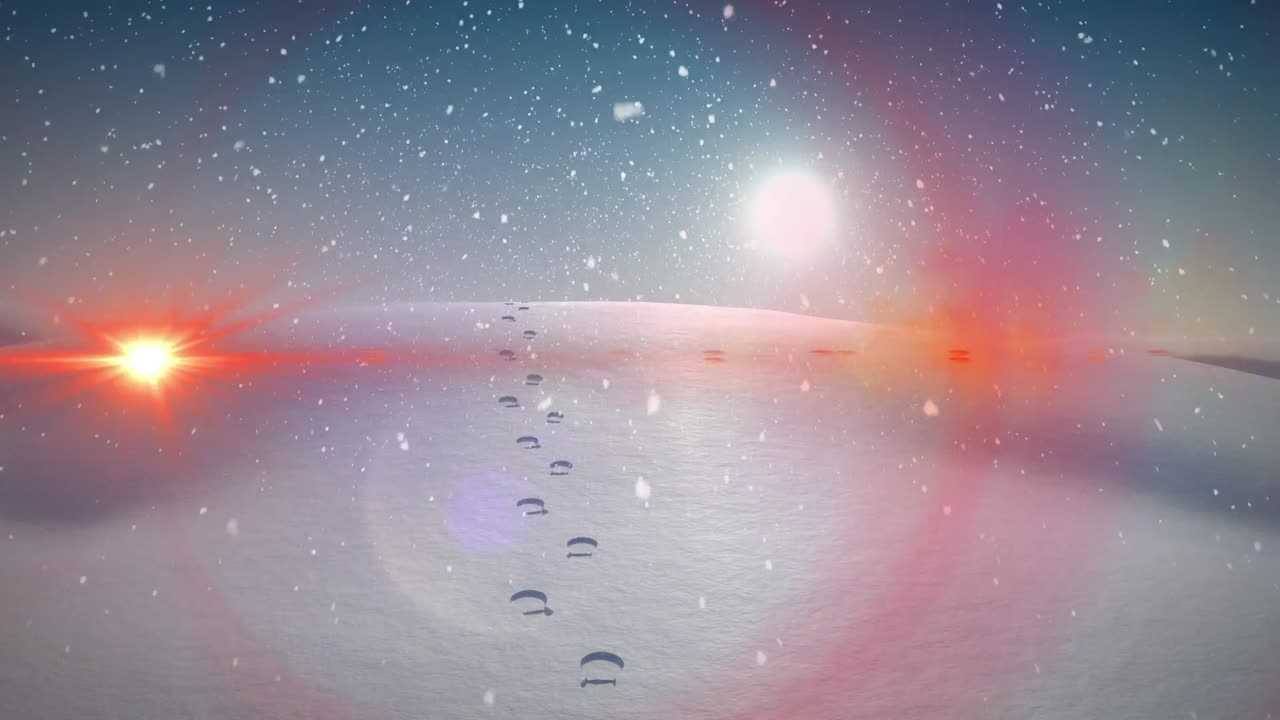 겨울 풍경 위에 떨어지는 빛의 흔적과 눈의 애니메이션