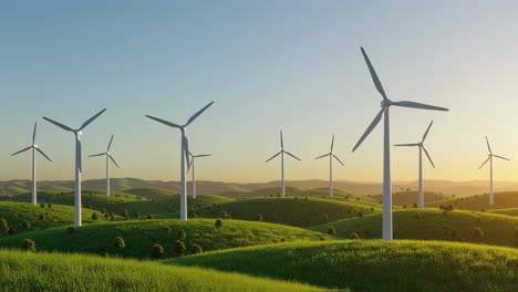 as the sun sets over the horizon, wind turbines gracefully dot the landscape, harnessing renewable energy across the lush, rolling green hills