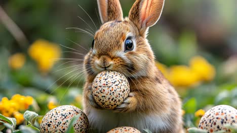 cute rabbit holds speckled egg in vibrant flower field during springtime