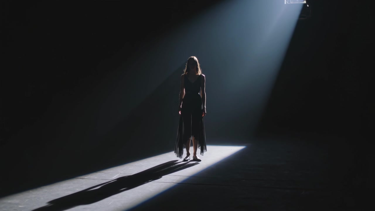 Performing model standing under fixed spotlight, shifting weight on dark stage, dress flowing