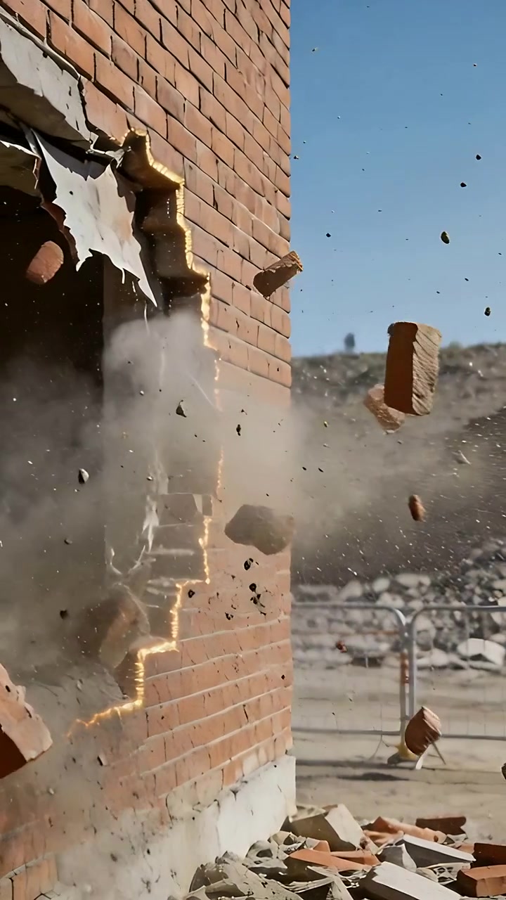 Video vertical: Explosión golpeando una pared de ladrillos, estallando en una prueba, yeso desprendiéndose, ladrillos volando.