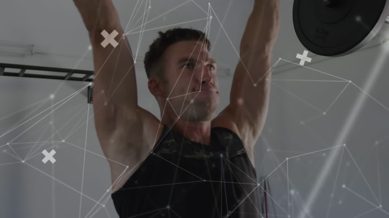 코카서스 강인한 남자가 무게 바를 들어 올리는 연결 네트워크의 애니메이션