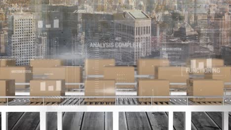 animation of data processing over cardboard boxes on conveyor belts and cityscape