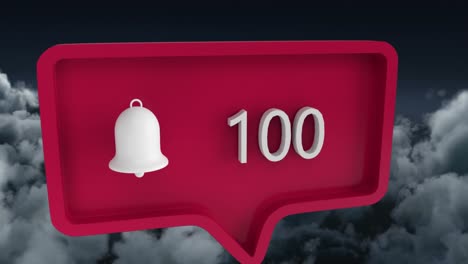 Animation-of-alert-icon-with-numbers-on-speech-bubble-over-sky-and-clouds