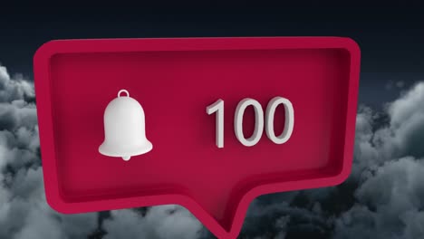 animación del icono de alerta con números en la burbuja de habla sobre el cielo y las nubes