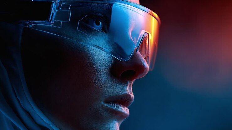 A close-up of a confident individual wearing futuristic sunglasses, showcasing a striking facial expression and illuminated by colorful lighting that enhances their features