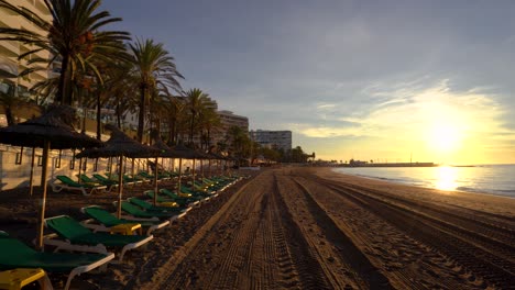 馬爾貝拉海灘 (marbella beach) - 位於馬爾貝拉的海灘,在日出時,海灘的左邊是陽台和傘,右邊是熱帶棕<unk>樹,地中海,奢<unk>旅行的靈感.