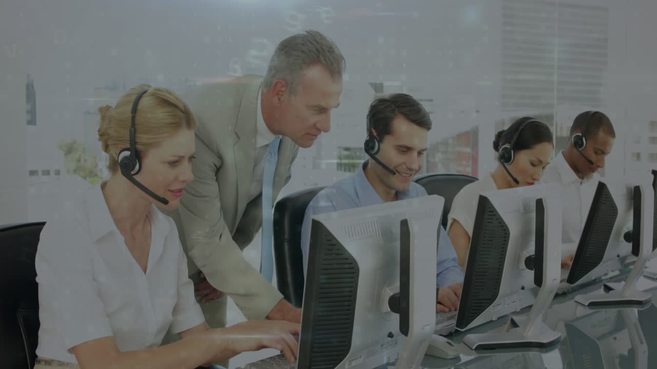 Animation of data processing over diverse business people in office