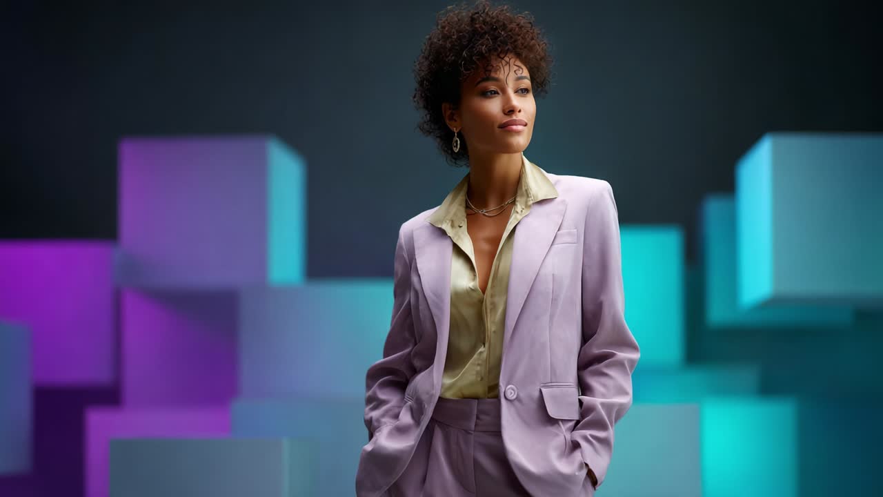 A Confident Individual Posing Elegantly in a Stylish Lavender Suit Against a Colorful Background of Geometric Shapes, Radiating Charm and Poise in a Contemporary Setting Full of Vibrant Hues
